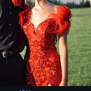 Elegant Red Feathered Evening Dress